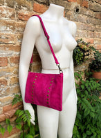 Cross body bag. Boho suede leather bag in FUCHSIA PINK with bronze tacks. Messenger bag in genuine suede leather. Hot pink crossbody bag