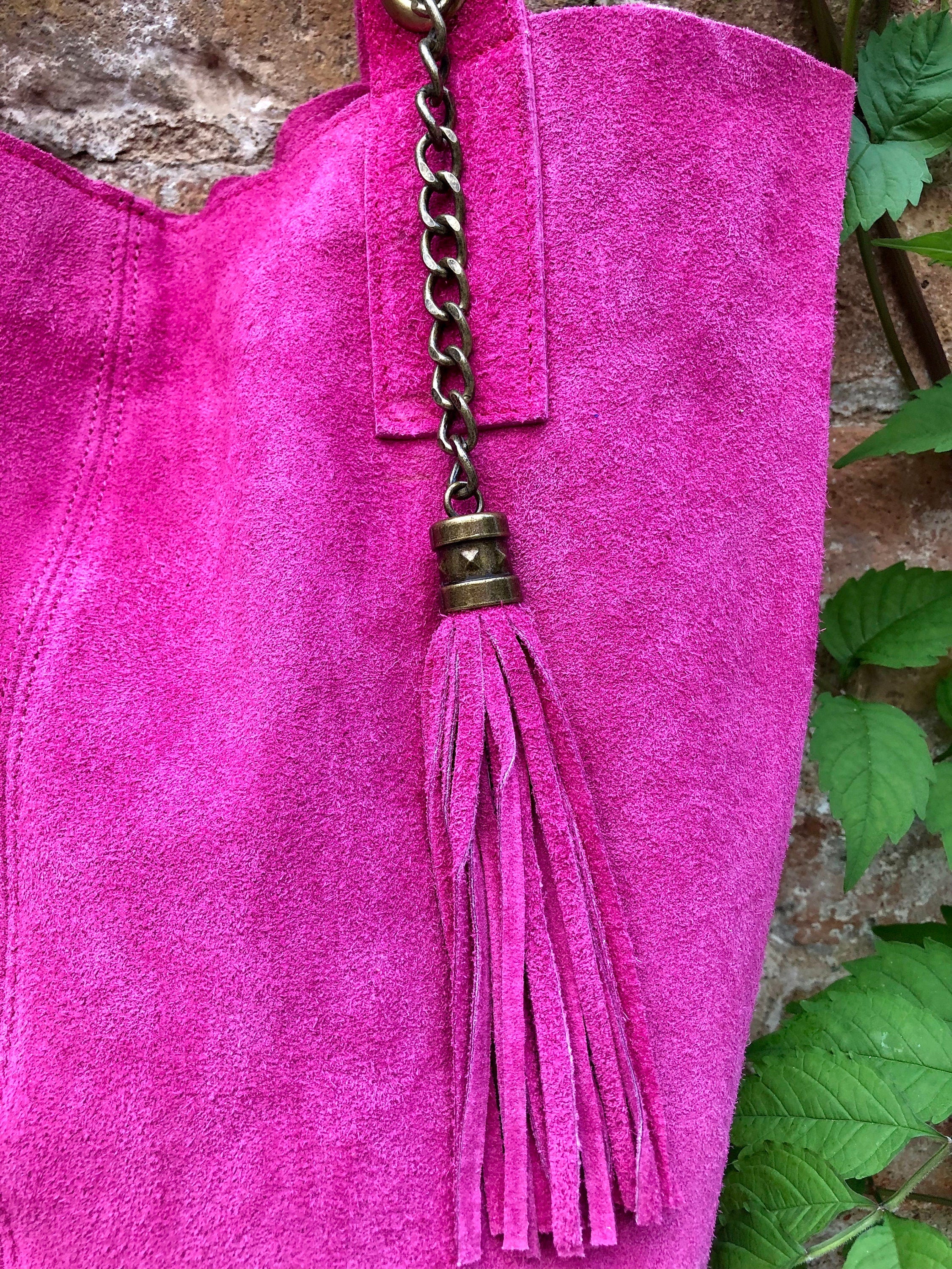 Fuchsia pink leather shopper bag in genuine suede. Slouchy pink carry all tote bag for laptops, tablets, books. Hot pink leather purse