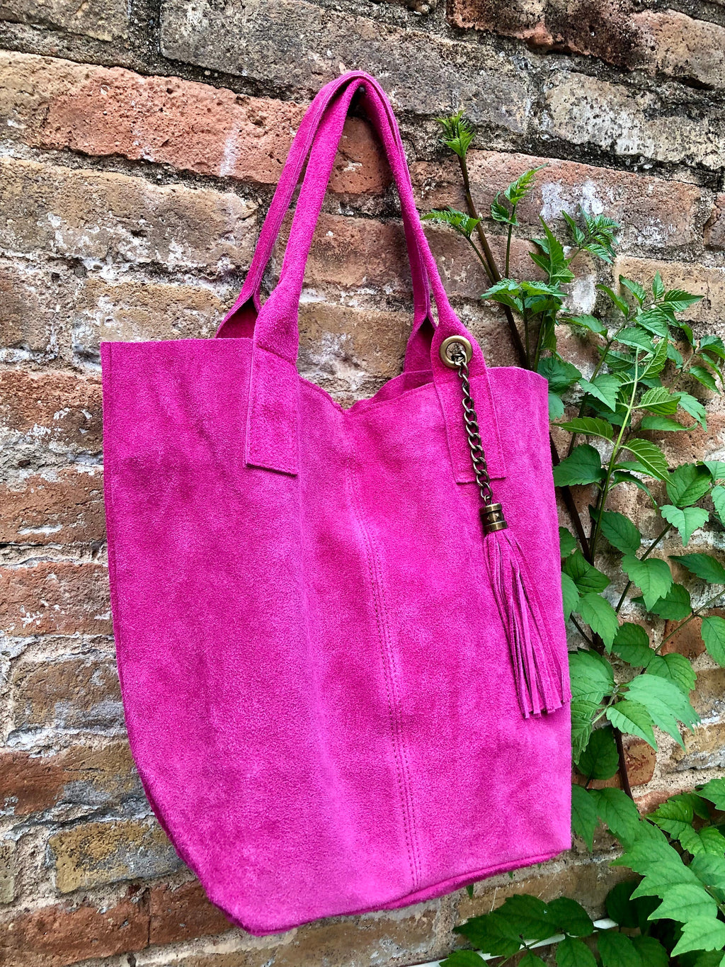 Fuchsia pink leather shopper bag in genuine suede. Slouchy pink carry all tote bag for laptops, tablets, books. Hot pink leather purse