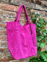 Fuchsia pink leather shopper bag in genuine suede. Slouchy pink carry all tote bag for laptops, tablets, books. Hot pink leather purse