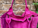 Fuchsia pink leather shopper bag in genuine suede. Slouchy pink carry all tote bag for laptops, tablets, books. Hot pink leather purse