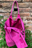 Fuchsia pink leather shopper bag in genuine suede. Slouchy pink carry all tote bag for laptops, tablets, books. Hot pink leather purse