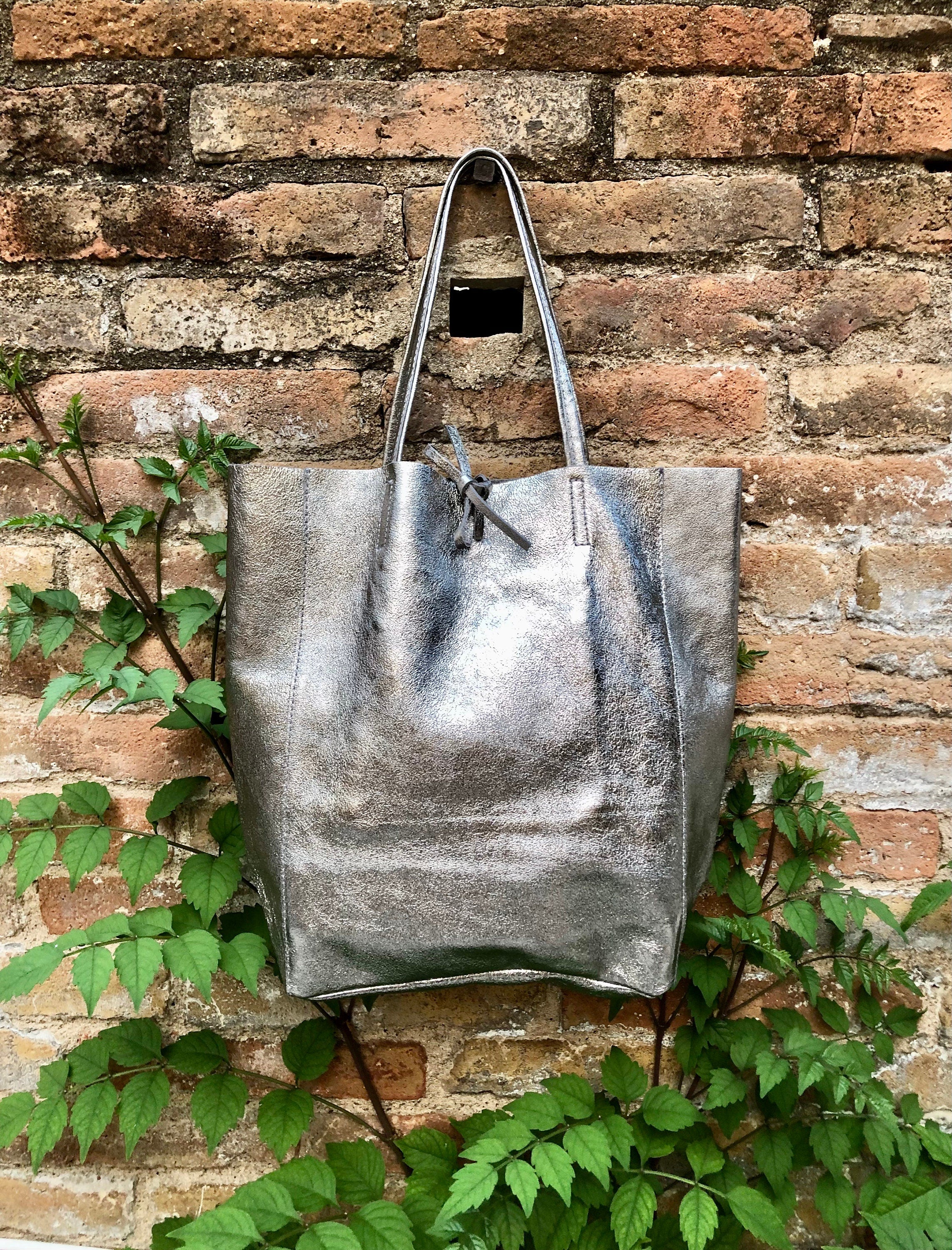 Tote leather bag in SILVER. Leather shopper in natural GENUINE leather. Large carry all bag for your laptop, books. Metallic leather shopper