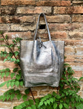 Tote leather bag in SILVER. Leather shopper in natural GENUINE leather. Large carry all bag for your laptop, books. Metallic leather shopper