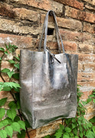 Tote leather bag in SILVER. Leather shopper in natural GENUINE leather. Large carry all bag for your laptop, books. Metallic leather shopper