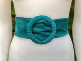 Dark turquoise suede waist belt with large round buckle.Boho soft suede belt in a light teal shade. Genuine natural blue-green suede leather