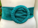 Dark turquoise suede waist belt with large round buckle.Boho soft suede belt in a light teal shade. Genuine natural blue-green suede leather