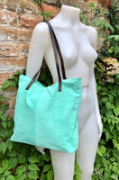 TOTE leather bag in aqua green. Genuine soft natural suede. Light green large SHOPPER leather bag. Laptop bag in very light turquoise suede