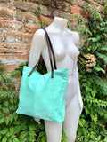 TOTE leather bag in aqua green. Genuine soft natural suede. Light green large SHOPPER leather bag. Laptop bag in very light turquoise suede