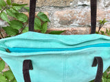 TOTE leather bag in aqua green. Genuine soft natural suede. Light green large SHOPPER leather bag. Laptop bag in very light turquoise suede