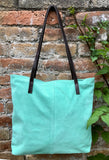 TOTE leather bag in aqua green. Genuine soft natural suede. Light green large SHOPPER leather bag. Laptop bag in very light turquoise suede