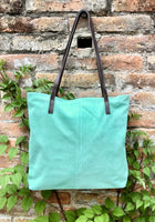 TOTE leather bag in aqua green. Genuine soft natural suede. Light green large SHOPPER leather bag. Laptop bag in very light turquoise suede