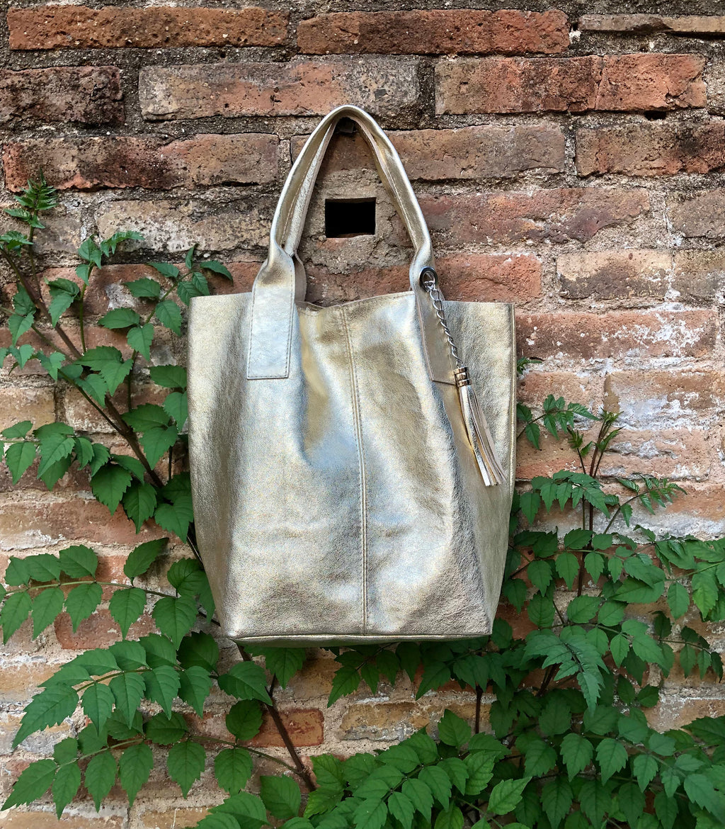 Shoulder leather bag in GOLD. GENUINE leather shopper bag. Large carry all bag for your laptop, books. Metallic effect golden leather purse