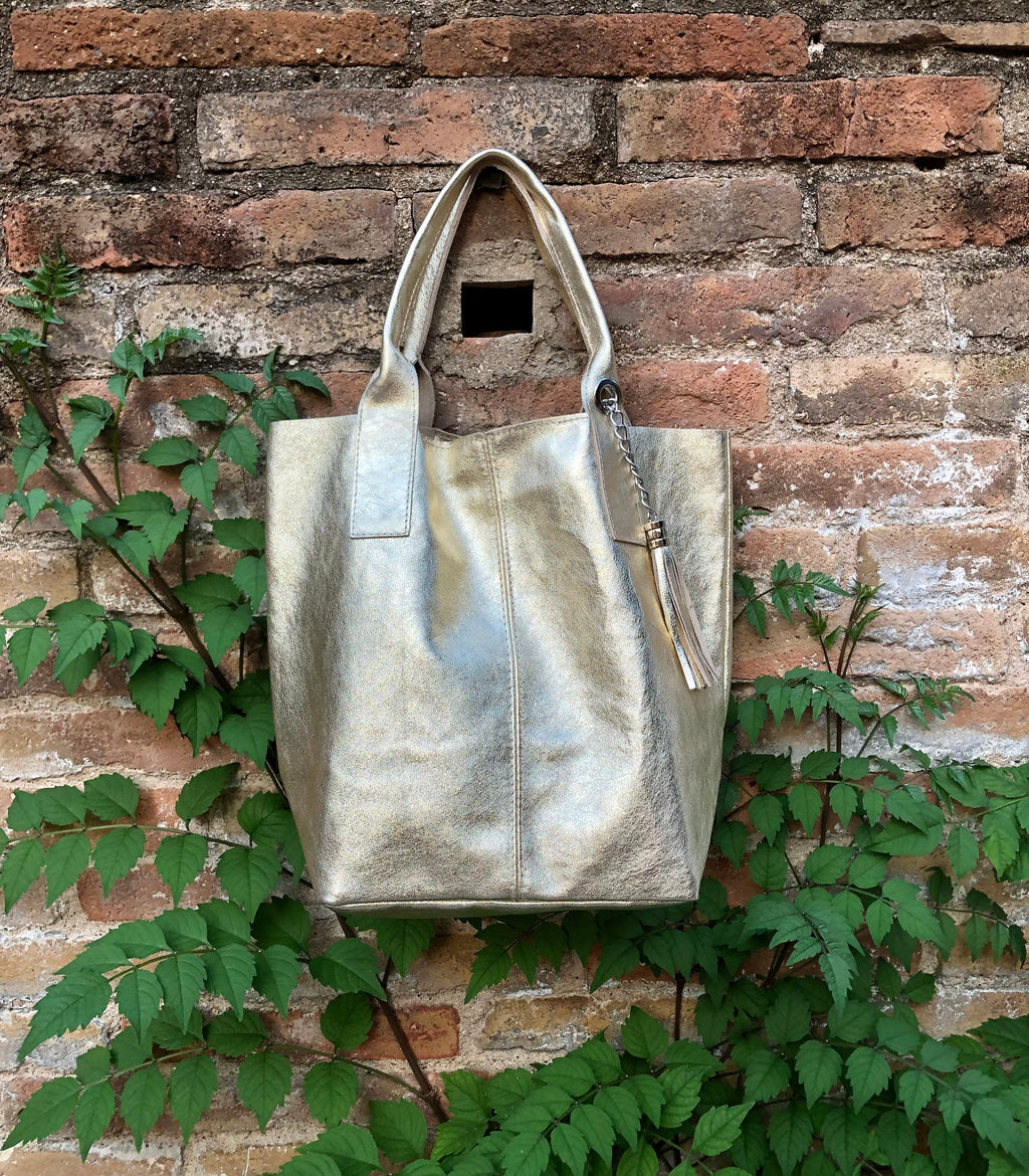 Shoulder leather bag in GOLD. GENUINE leather shopper bag. Large carry all bag for your laptop, books. Metallic effect golden leather purse