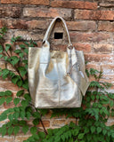 Shoulder leather bag in GOLD. GENUINE leather shopper bag. Large carry all bag for your laptop, books. Metallic effect golden leather purse