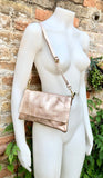 Metallic pink gold small leather bag. Light pink GENUINE leather shoulder / crossbody bag. Salmon pink purse with adjustable strap+ zipper