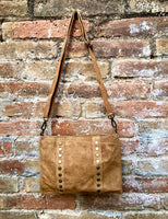 Crossbody bag. Light camel BROWN suede leather purse with bronze color tacks Genuine suede leather messenger bag. Saddle brown crossbody bag