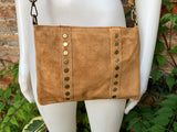 Crossbody bag. Light camel BROWN suede leather purse with bronze color tacks Genuine suede leather messenger bag. Saddle brown crossbody bag