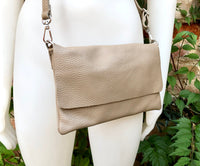 Light brown small leather bag. GENUINE leather taupe color cross body bag. Tan bag with adjustable strap, zipper + flap. Small brown purse