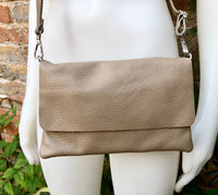 Light brown small leather bag. GENUINE leather taupe color cross body bag. Tan bag with adjustable strap, zipper + flap. Small brown purse