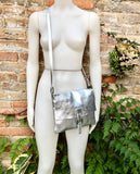 Metallic silver crossbody / shoulder bag, genuine leather small crossover, messenger bag with zipper and flap. Small silver leather purse