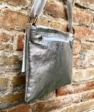 Metallic silver crossbody / shoulder bag, genuine leather small crossover, messenger bag with zipper and flap. Small silver leather purse