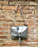 Metallic silver crossbody / shoulder bag, genuine leather small crossover, messenger bag with zipper and flap. Small silver leather purse