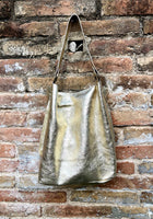 Slouch leather bag in GOLD metallic leather. Gold hobo shoulder bag. Genuine leather book / tablet bag. Leather shopper. Gold purse.