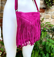 Hot pink cross body fringed bag. BOHO suede bag with FRINGES. Genuine suede leather messenger bag. Crossbody hippy bag. Fuchsia suede purse