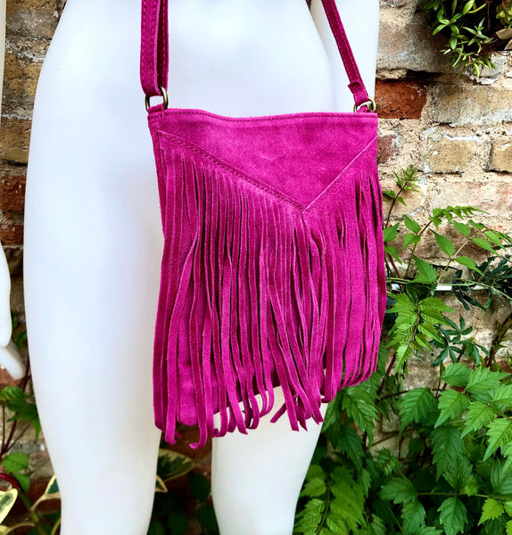 Hot pink cross body fringed bag. BOHO suede bag with FRINGES. Genuine suede leather messenger bag. Crossbody hippy bag. Fuchsia suede purse