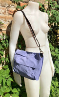 Messenger bag in genuine suede leather. Light purple-blue cross body bag. Boho suede bag with zipper and flap. Periwinkle suede purse