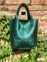 METALLIC green shoulder leather bag. Genuine leather shopper bag. Carry all bag for your laptop, books. Metallic effect GREEN leather purse