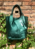 METALLIC green shoulder leather bag. Genuine leather shopper bag. Carry all bag for your laptop, books. Metallic effect GREEN leather purse