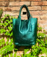 METALLIC green shoulder leather bag. Genuine leather shopper bag. Carry all bag for your laptop, books. Metallic effect GREEN leather purse