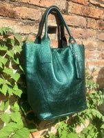 METALLIC green shoulder leather bag. Genuine leather shopper bag. Carry all bag for your laptop, books. Metallic effect GREEN leather purse