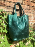 METALLIC green shoulder leather bag. Genuine leather shopper bag. Carry all bag for your laptop, books. Metallic effect GREEN leather purse