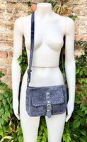 Crossbody / shoulder blue suede bag. BOHO genuine leather hippy bag. Blue - gray purse with zipper and buckle. Denim blue suede purse.