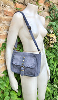 Crossbody / shoulder blue suede bag. BOHO genuine leather hippy bag. Blue - gray purse with zipper and buckle. Denim blue suede purse.