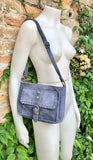 Crossbody / shoulder blue suede bag. BOHO genuine leather hippy bag. Blue - gray purse with zipper and buckle. Denim blue suede purse.