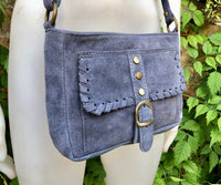 Crossbody / shoulder blue suede bag. BOHO genuine leather hippy bag. Blue - gray purse with zipper and buckle. Denim blue suede purse.