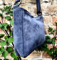 Crossbody / shoulder blue suede bag. BOHO genuine leather hippy bag. Blue - gray purse with zipper and buckle. Denim blue suede purse.