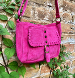 Crossbody / shoulder hot pink suede bag. BOHO genuine leather hippy bag. Fuchsia purse with zipper and buckle. Magenta pink suede purse.