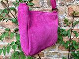 Crossbody / shoulder hot pink suede bag. BOHO genuine leather hippy bag. Fuchsia purse with zipper and buckle. Magenta pink suede purse.