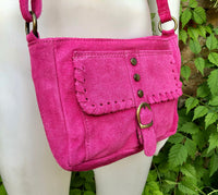 Crossbody / shoulder hot pink suede bag. BOHO genuine leather hippy bag. Fuchsia purse with zipper and buckle. Magenta pink suede purse.