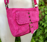 Crossbody / shoulder hot pink suede bag. BOHO genuine leather hippy bag. Fuchsia purse with zipper and buckle. Magenta pink suede purse.