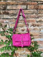 Crossbody / shoulder hot pink suede bag. BOHO genuine leather hippy bag. Fuchsia purse with zipper and buckle. Magenta pink suede purse.