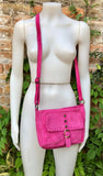 Crossbody / shoulder hot pink suede bag. BOHO genuine leather hippy bag. Fuchsia purse with zipper and buckle. Magenta pink suede purse.