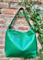 GREEN genuine leather rucksack/ shoulder bag. Green genuine leather shopper. Green backpack for laptops, tablets, books...