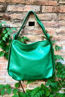 GREEN genuine leather rucksack/ shoulder bag. Green genuine leather shopper. Green backpack for laptops, tablets, books...