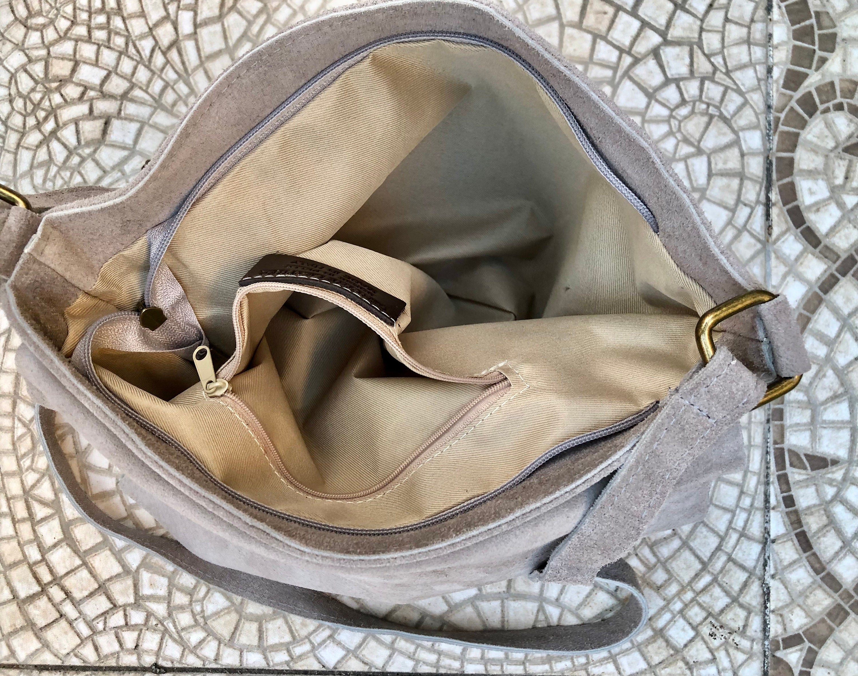 BOHO suede messenger leather bag in LIGHT GREY. Cross body bag in grey suede. Soft patent natural genuine leather bag. Festival bags.